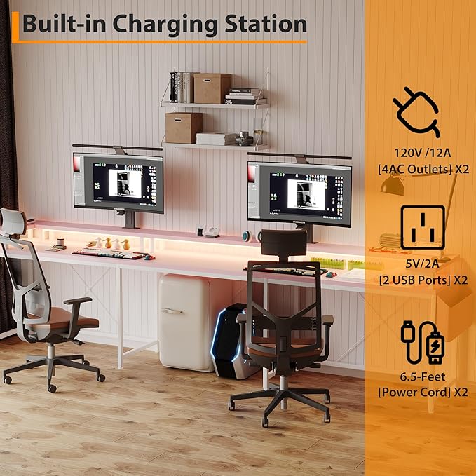 U-Shaped Gaming Desk with Power Outlets &amp LED Lights - Reversible L-Shaped Computer Desk for Home Office | Large Corner PC Table with Monitor Stand &amp Storage Shelves Pink