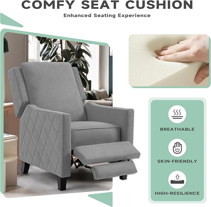 AVAWING Push Back Recliner Chair Set Mid-Century Modern Accent Chair with Adjustable Footrest Small Wingback Chair for Living Room Bedroom Study Room Grey