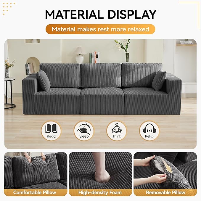 115'' Comfy Boneless Couch Upholstered Deep Seat Modular Cloud Sofa No Assembly Corduroy Compression 3 Seater Sofa Couch for Living Room Grey
