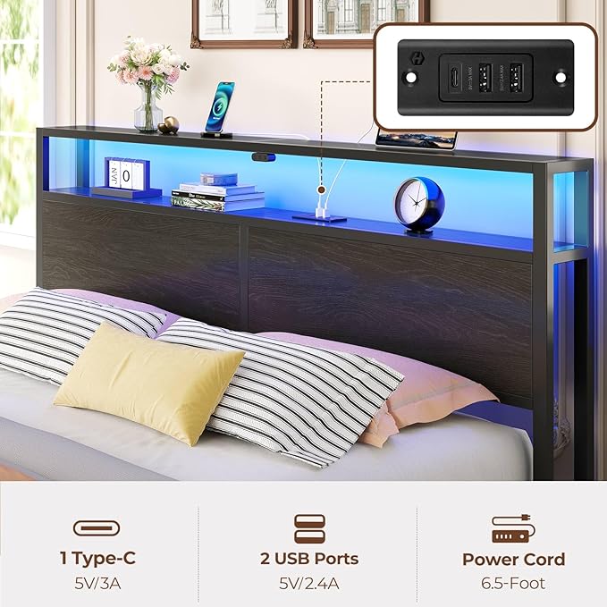 Rolanstar Queen Bed Frame with 4 Storage Drawers &amp 2-Tier Storage Headboard Metal Platform Bed Frame with Charging Station &amp LED Lights Noise-Free No Box Spring Needed Easy Assembly Black
