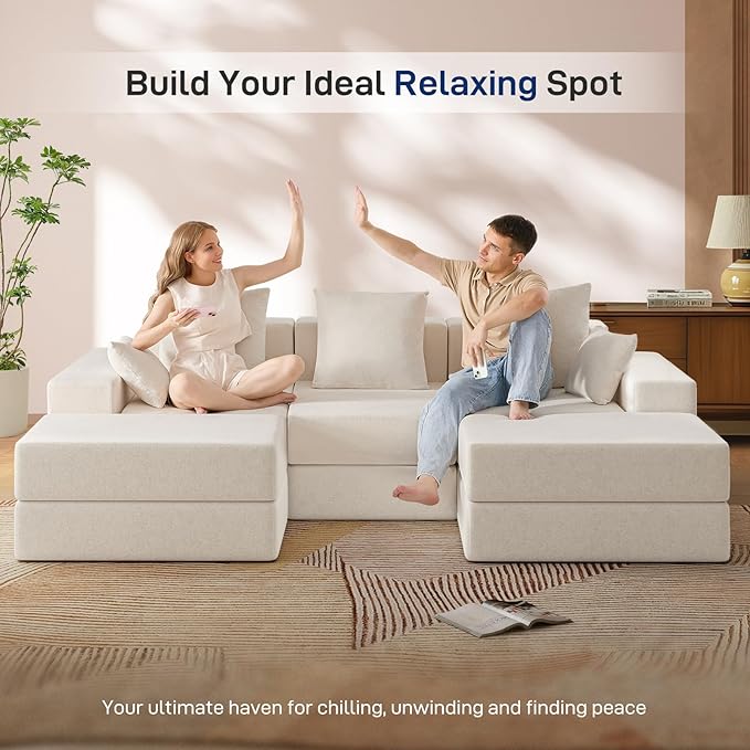 Living&ampGiving 101 U-Shaped Cloud Sectional Couch for Living Room Cloud Boneless Couch-No Assembly with Reversible Chaise Customizable 3-Seat Modular Sectional Sofa with 2 Ottoman Beige