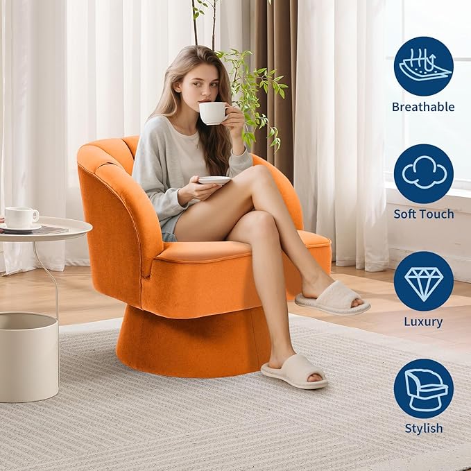 GAOMON Modern Swivel Barrel Accent Chair 360° Velvet Upholstered Armchair with Striped Backrest &amp Plush Padding Comfy Round Lounge Chair for Living Room Bedroom Reading Nook - Orange