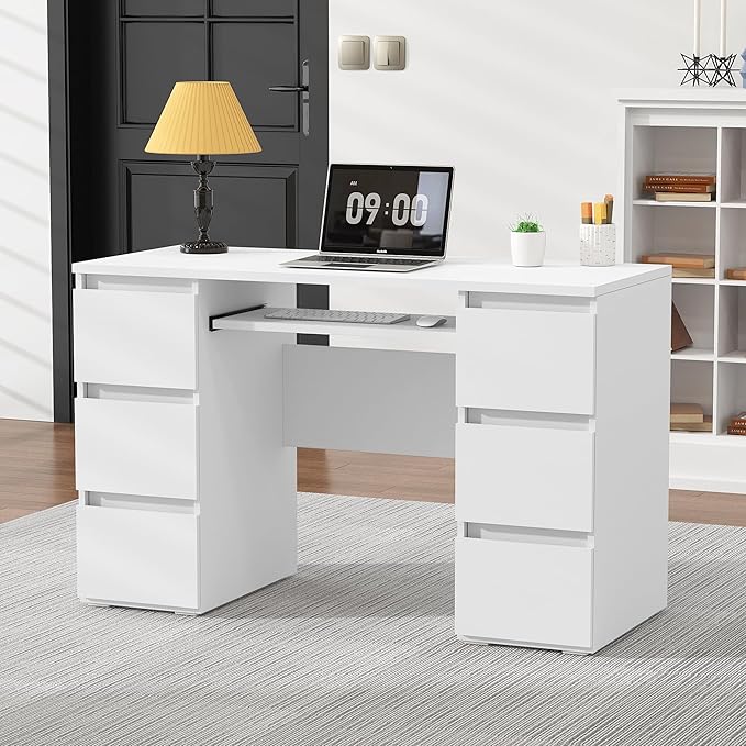 Computer Desk with 6 Drawers 47'' Home Office Desk with Storage &amp Keyboard Shelf White Gaming Desks Wood Vanity Desks for Bedroom Modern Corner Writing Table for Work Study (White)