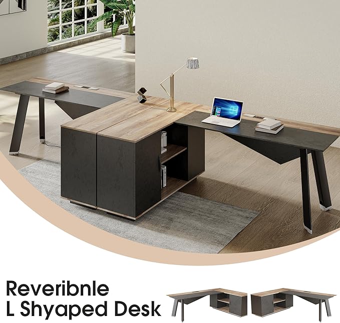 63 inches Executive Desk and 47 lateral File Cabinet L-Shaped Desk with Storage Shelves and Doors Modern Business Furniture DeskWriting Table Computer Desk for Home Office Brown and Black