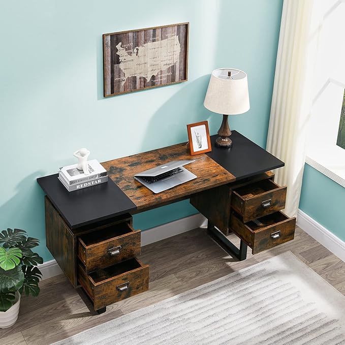 Large Office Desk Computer Table with 4 Drawers for Home Office 59 Study Writing Desk Workstation with Storage and Metal U Legs for Living Room Black and Rustic Brown Top CTSZ20401CM