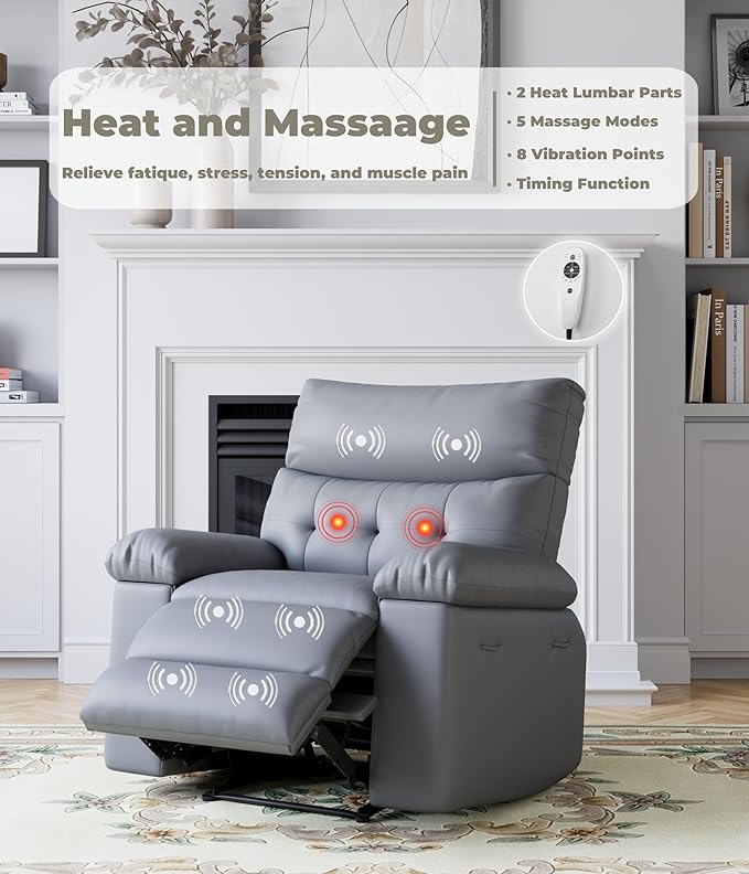 GarveeHome Oversized Wide Recliner Chair - Heat and Massage PU Leather Extra Wide Manual Recliner for Adults Large Lazy Chair with 1.5X Sponge Comfort Arm and Back for Living Room Bedroom
