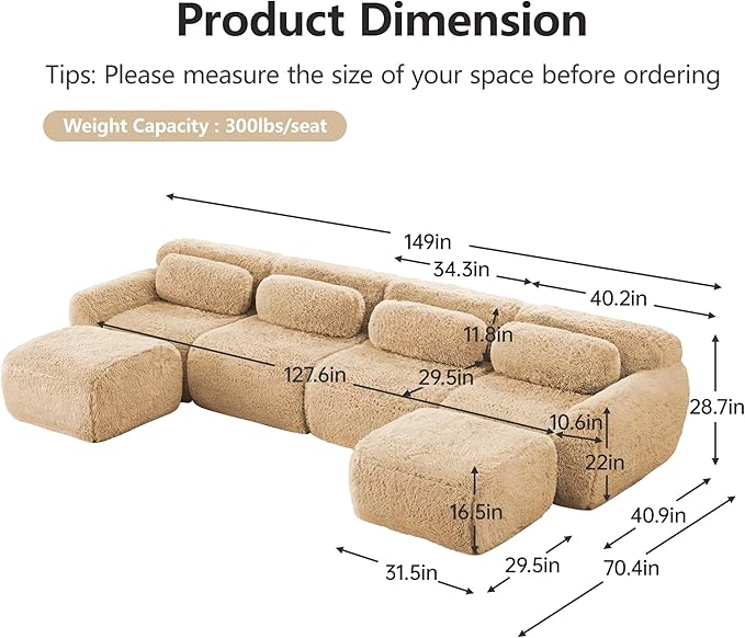 149 Boneless Couches Sectional Modular Sofa Cloud Couch with Double Cushions 4 Seater U-Shaped Sofa Set for Living Room Light Khaki