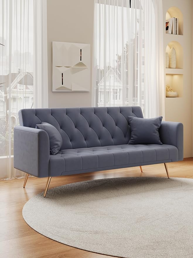71 Convertible Velvet Futon Sofa Bed Loveseat with Multiple Adjustable BackrestsModern Sleeper Couch with Golden Metal Legs for Living RoomApartmentOfficeGray