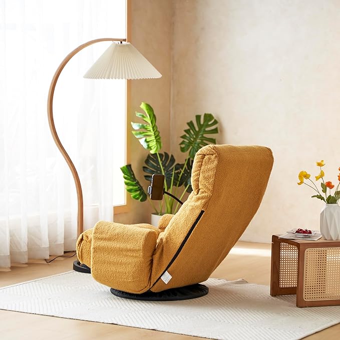 Gwen Upholstered 360° Swivel Chair Lounge Chair with Adjustable Backrest/Headrest Metal Frame Living Room Lounge Sofa and Phone Holder Comfy Bean Bag Chair Yellow