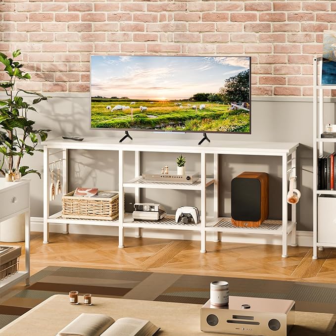 Furologee TV Stand for TVs up to 55 Inch Entertainment Center with Open Storage Shelves Media Console Table with Soundbar Shelf for Living Room Bedroom White