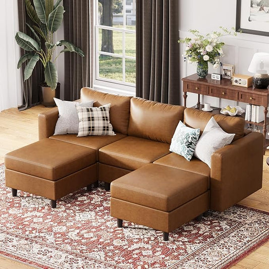 ABCASA 91.5 Faux Leather U Shaped Modular Sectional Sofa 5 Seater Couch with Movable Ottoman Deep Seat and Storage Seat with Removable Cover for Living Room Apartment - Brown
