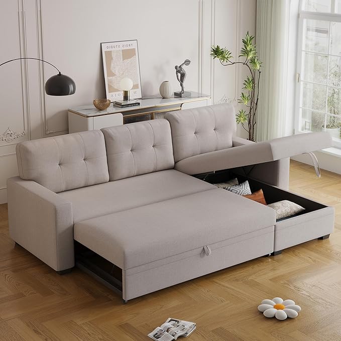 Ball &amp Cast Convertible Sectional Sleeper Sofa Bed L Shaped 4 in 1 Pull Out Couch with Reversible Storage Chaise &amp Removable Back CushionsSleeper Corner Pull Out Sofa Bed Couch for Living Roo