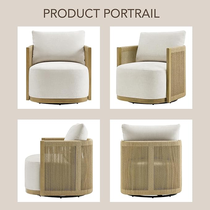 CHITA Braid Swivel Accent Chairs Modern Comfy FSC Certified Armchair with Paper Cord &amp Wood Frame for Living Room and Bedroom Fully Assembled - Linen