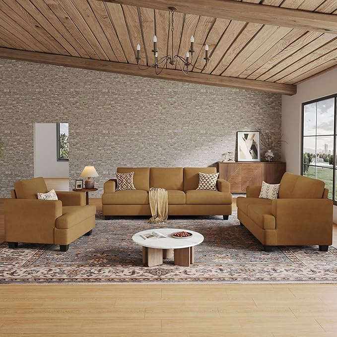63 Inch Sofa with Extra Deep Seats Oversize Corduroy Fabric 2 Seater Sofa for Living RoomModern Couch and Loveseat Comfy Armrests and Seats and Backrests Easy Installation Ginger Yellow