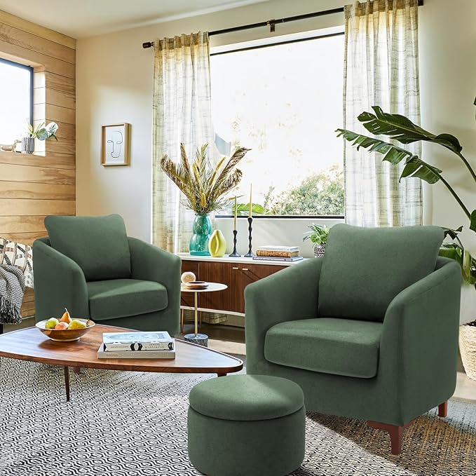 COLAMY Sherpa Accent Chair with Storage Ottoman Set of 2 Upholstered Barrel Arm Chair with Footrest Modern Living Room Chair with Back Pillow Green