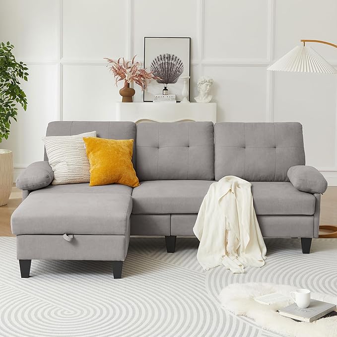 84 Convertible Sectional Sofa Modern Linen Fabric Small L Shaped Couch with Reversible Chaise 3-Seat Sofa Couches for Living Room Apartment and Small SpaceLight Grey