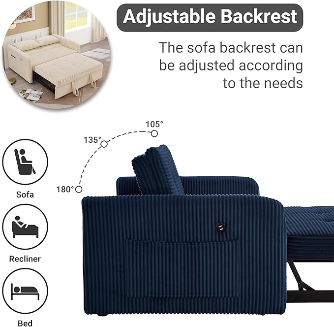 55.5 Corduroy Convertible Sofa Bed Pull Out Sleeper Sofa Bed Loveseat Couch with USB Charging Ports 3 in 1 Convertible Sleeper Sofa Bed for Living Room Apartment Bedroom RV Blue