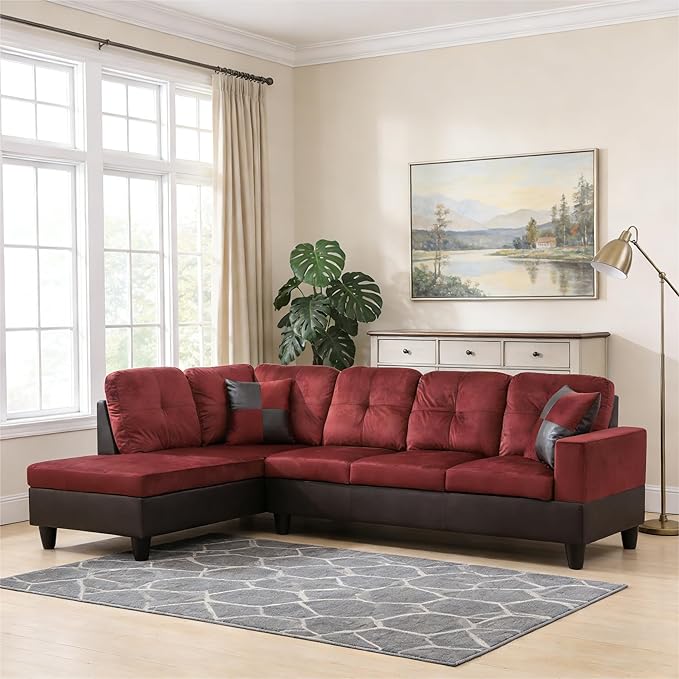 103.5 Inch Modern L-Shaped Couch Flannel Sectional Sofa with Chaise Lounge 4-Seater Couch with Accent Pillows for Living Room Apartment Red