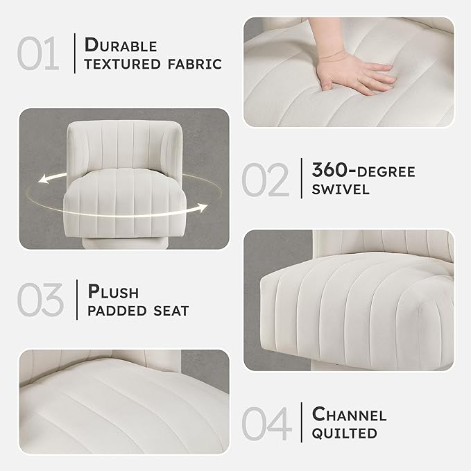 Lexicon Swivel Accent Chair Textured Fabric Upholstered 360 Degree Swivel Barrel Chair with Channel Tufted Comfort Seat for Living Room Bedroom Office Easy Assembly Beige