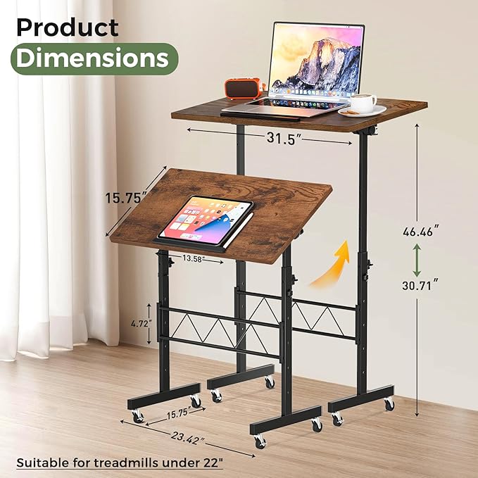 GTPLAYER Small Standing Desk Adjustable Height 30.7-46.4 Portable Computer Table Mobile Desk Workstation Stand Up Desk with Wheels Compact Rolling Table for Home Work Treadmill Walking Pad Brown