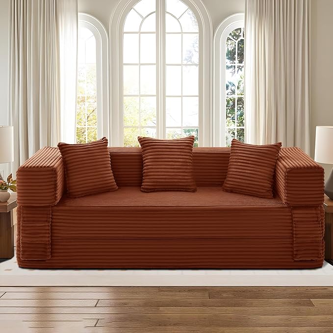 KBQ 3-Seat Convertible Sleeper Sofa Bed with 3 Pillows Boneless Sofa in a Box Corduroy Folding Mattress Couch Floor Sofa Lounge Couch for Living Room Bedroom Lounge Orange