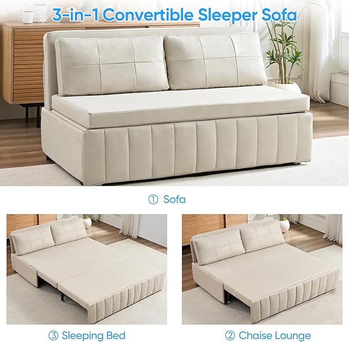 PUREMIND Queen Pull Out Sofa Bed 3 in 1 Convertible Sleeper Sofa Couch with Pull Out Bed Armless Loveseat Sleeper Foldable Couch Bed for Living Room Small Space