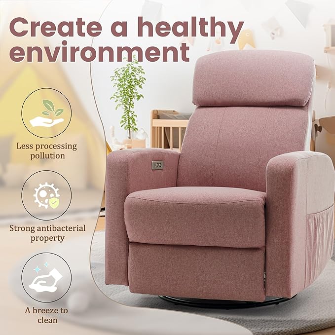 Power Swivel Recliner Chairs for Adults Electric Glider Rocking Chair Nursery Glider Recliner Nursery Chair with Classified Side Pocket Nursery Rocking Chairs with USB and Type-C Ports