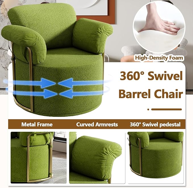 Swivel Accent Chairs for Living Room 360 Swivel Barrel Chair with Arm for Bedroom Upholstered Round Chair &amp Corner Chairs with Gold Frame for Small Spaces Chenille (Green)