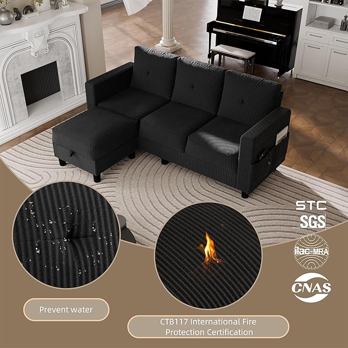 JAMFLY Convertible Sectional Couches for Living Room L-Shaped Couch 3 Seat Sectional Sofa Set with Corduroy Fabric and Movable Ottoman Small Couch for Apartments Office(Black)