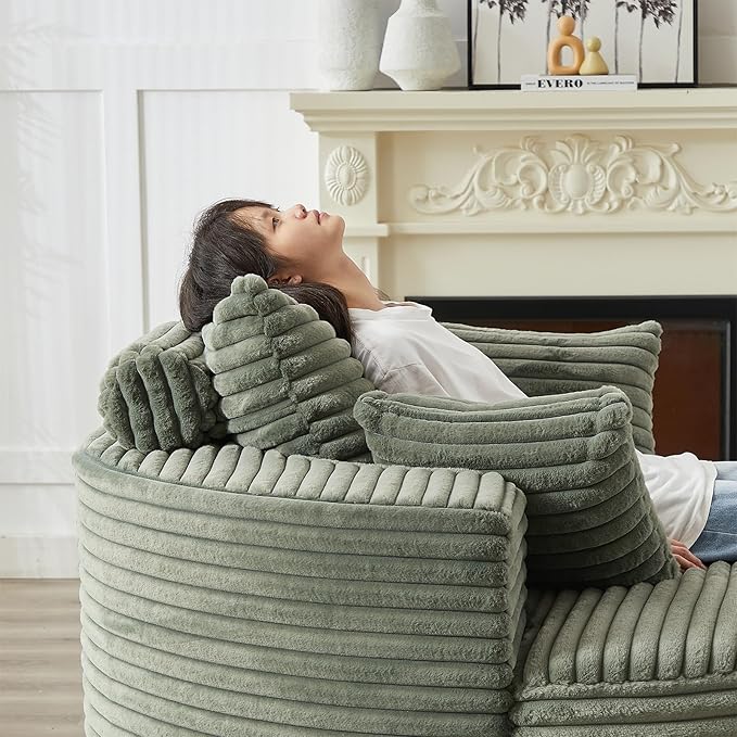 Oversized Round Chaise Lounge Chair Indoor 55W Circle Comfy Armchair with Deep Seat Floor Cloud Boneless Chair Upholstered Modern Cozy Sofa Chairs for Living Room Bedroom(Corduroy Green)