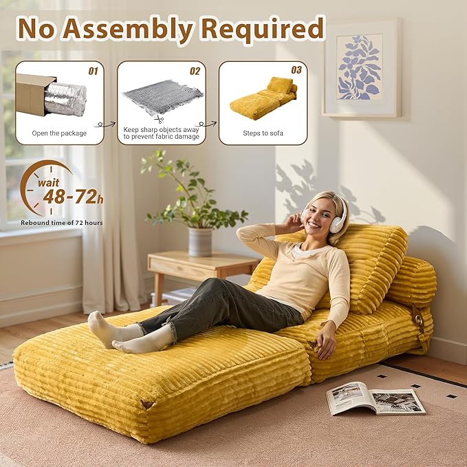 75'' Foldable Sofa Bed Convertible Sleeper Sofa with Pillow Boneless Corduroy Foldable Couch Bed Single Sleeper Chair for Small Spaces Living Room Bedroom StudioYellow