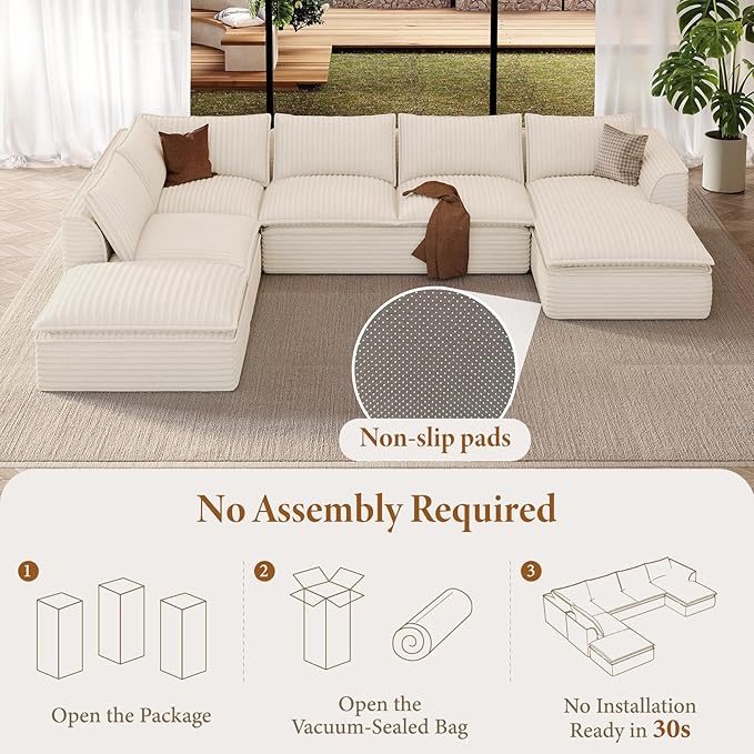 Vesgantti 141.7 Oversized Sectional Boneless Couch Modern 7 Seater Modular Sofa with Chaise &amp Ottoman Deep Seat Plush Corduroy Cloud Couches for Living Room No Assembly Required Beige