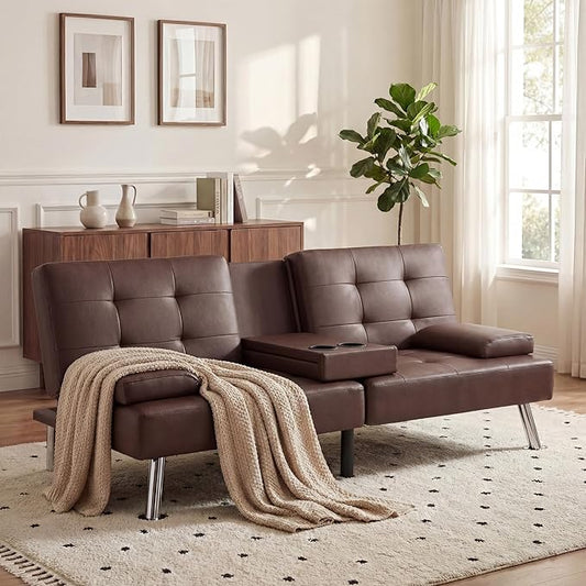 YESHOMY Modern Futon Sofa Bed Convertible Futon Couch with Adjustable Backrest Futon Loveseat Sleeper Sofa Bed with Armrest for Living Room Small SpacesPU Leather Brown