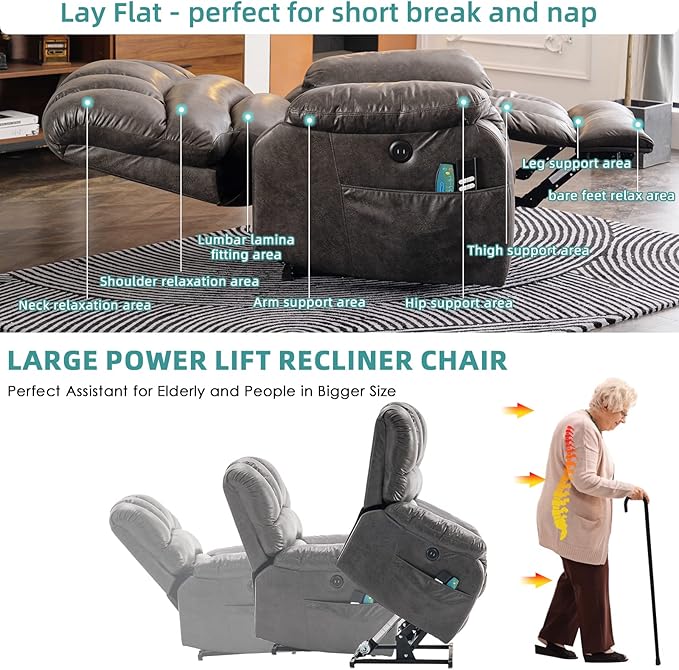 MEETWARM Large Infinite Position Dual Motor Recliner Chair for Big and Tall Elderly Oversized Lay Flat Sleeper Power Lift Recliner with Massage Heat 2 Remote Controls/USB Port/Side Pockets(Gray)