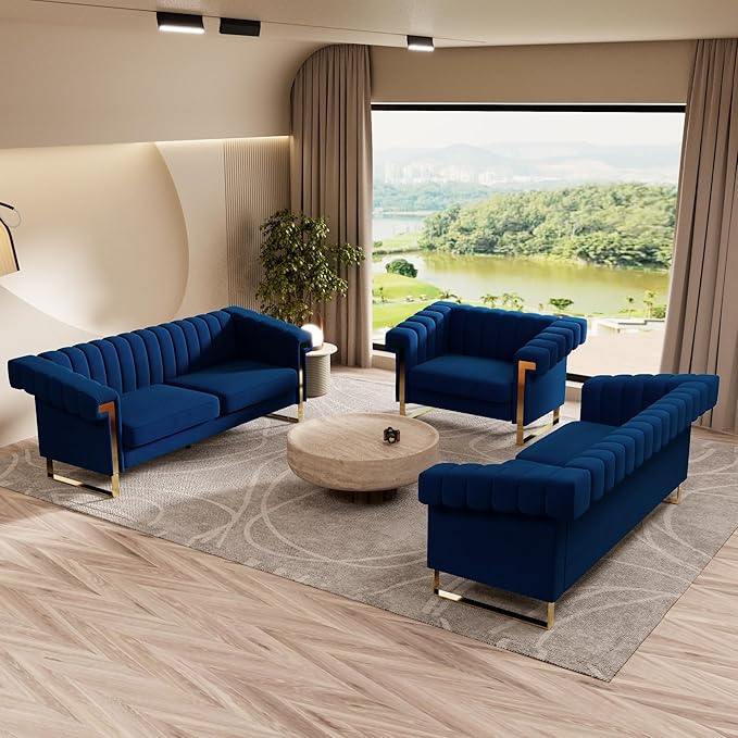 Mid-Century Modern Blue Velvet Single Sofa with Gold Metal Legs 49 Luxury Chesterfield Comfy Blue Sofa Chair for Living Room (Blue-1 Seater)