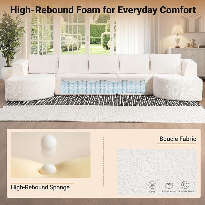 144 Modular Sectional Sofa No Assembly Required U-Shaped Cloud Couch with Chaise Modern Curved Boneless Sofa in Luxurious Boucle Fabric Deep Seats Memory Foam (White) | Zero-Assembly Design Clou