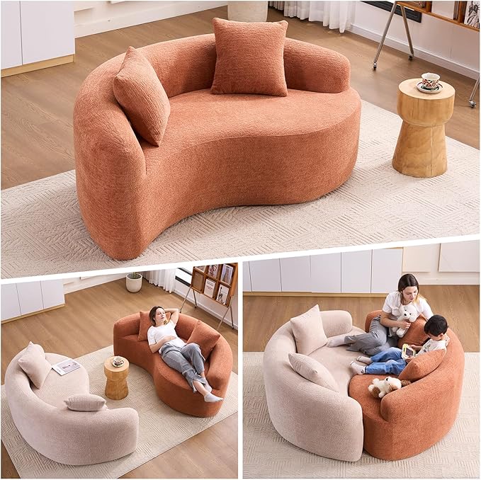 Luxury Modern Chenille Sectional Sofa Tai Chi Curved Compression Couch Boucle Cozy Soft Loveseat for Living Room Apartment Office (Coral)