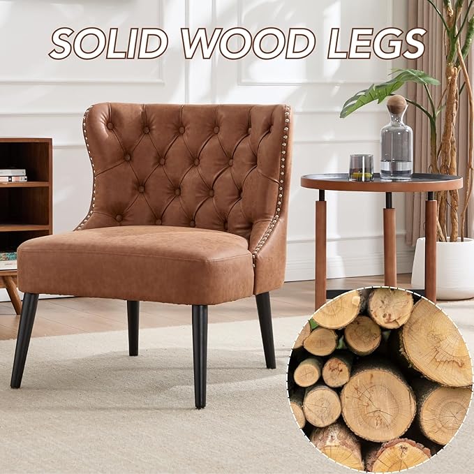 chairus Tufted Slipper Accent Chairs Set of 2 Faux Leather Upholstered Armless Living Room Chairs with Nailhead Trim Mid-Century Modern Wingback Side Chairs for Bedroom Office Brown PU