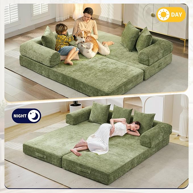 3 in 1 Convertible Futon Sofa Bed Modern King Size Chenille Loveseat Sleeper Sofa Folding 3-Seater Foldable Lounger Couch Bed for Living Room Bedroom Guest Room (Green 3 Throw Pillows)