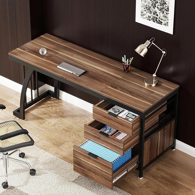 59'' Industrial Computer Desk with 3 Reversible Drawers Writing Workstation with File Storage for Home Office or Study Walnut