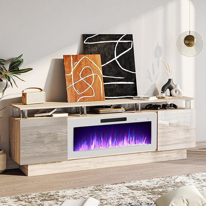 70 Modern Fireplace TV Stand with 36 Electric Fireplace for TVs Up to 80 inch Luxury LED Light Entertainment Center with High Gloss Cabinet (Grey with White Fireplace 70 (8 Acrylic Posts))
