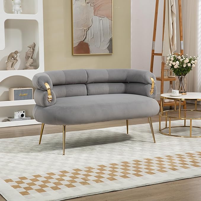 50” Velvet Loveseat Sofa Chair Mid Century Modern 2-Seater Small Love Seat for Small Spaces Accent Arm Chair with Golden feet Comfy Upholstered Leisure Couch for Living Room (Gray)