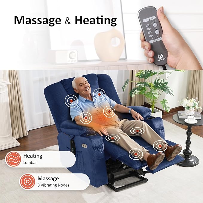 MCombo Oversized Power Lift Recliner Chair with Massage and Heat for Big and Tall Elderly People Cup Holders USB Ports Side Pockets Fabric R7541 (Navy Blue Large-Oversize)