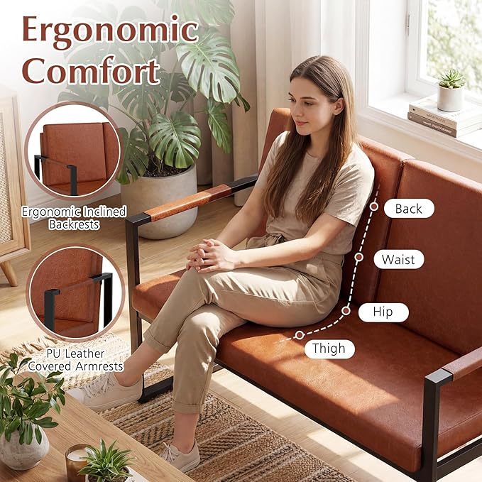 Giantex Modern Loveseat Sofa 2-Seater Sofa with Solid Metal Frame &amp Removable Back Cushions Spacious Seat &amp Supportive Armrests Indoor Couch for Living Room Bedroom Office (Brown)