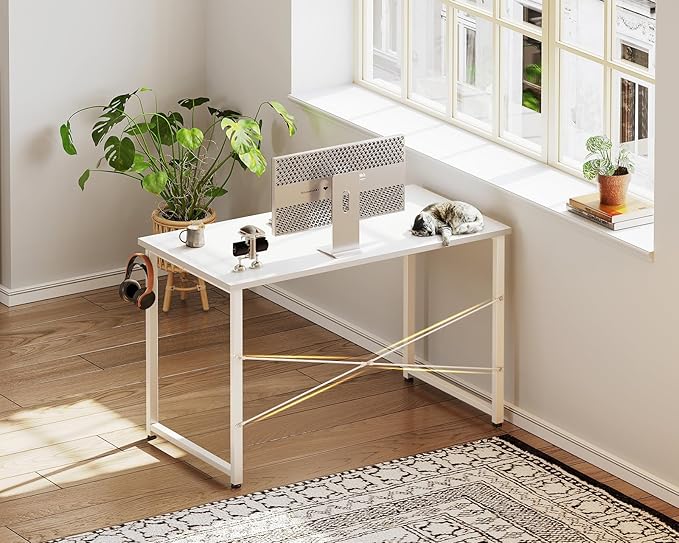 Casaottima 40 Inch Small Computer Desk for Home Office Study Writing Table for Small Spaces Simple Modern Desk with Headphone Hooks White