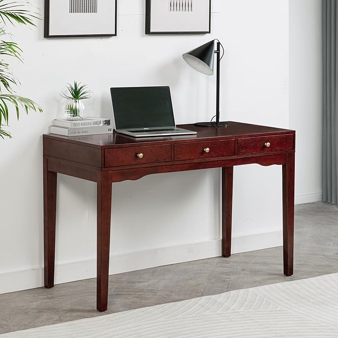eHemco Solid Wood Library/Home Office Writing Desk with 3 Drawers Cherry