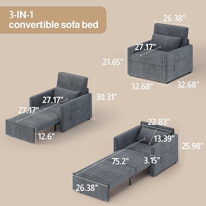 Ahomly 3 in 1 Pull Out Sleeper Chair 75.2 Long Convertible Sofa Bed for Adults Corduroy Armchair Chair Bed &amp Single Sleeper with Pillow for Dorm/Bedroom Dark Grey