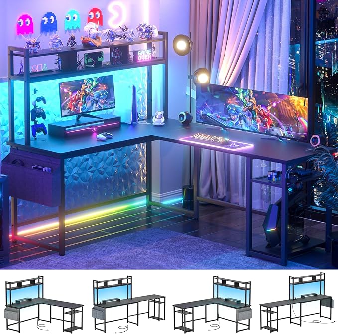 Aheaplus L Shaped Gaming Desk 59 Reversible Gaming Desk with Power Outlet and Led Lights L Shaped Computer Desk with Storage Shelves &amp Monitor Stand Home Office Desk L Shaped Corner Desk Blac