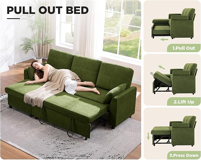 VanAcc Sleeper Sofa Sofa Bed with Storage Chaise Convertible Sofa Bed with Pull Out Couch l Shaped Couch for Living Room Linen Green