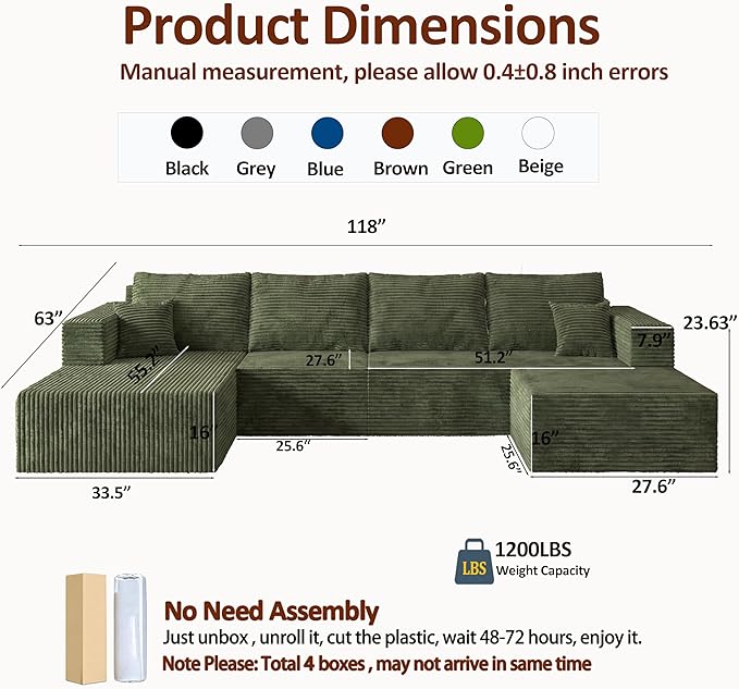 118 Modular Sectional Sofa with Chaise and Ottoman Oversized U-Shaped Corduroy Cloud Couch Deep Seat Boneless Couch for Living Room No-Assembly - Green (Left Facing Chaise)